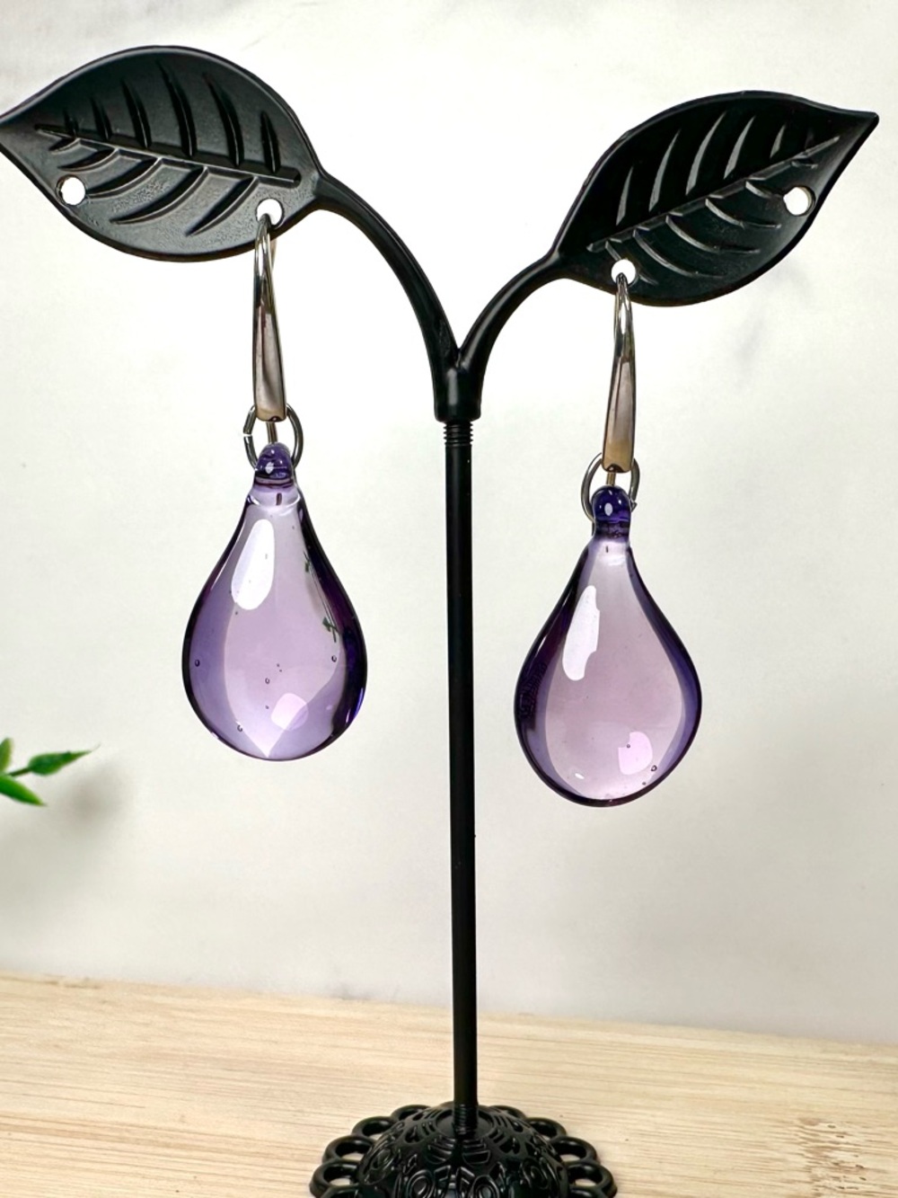 💜Light Purple Glass Teardrop Dangle Earrings
